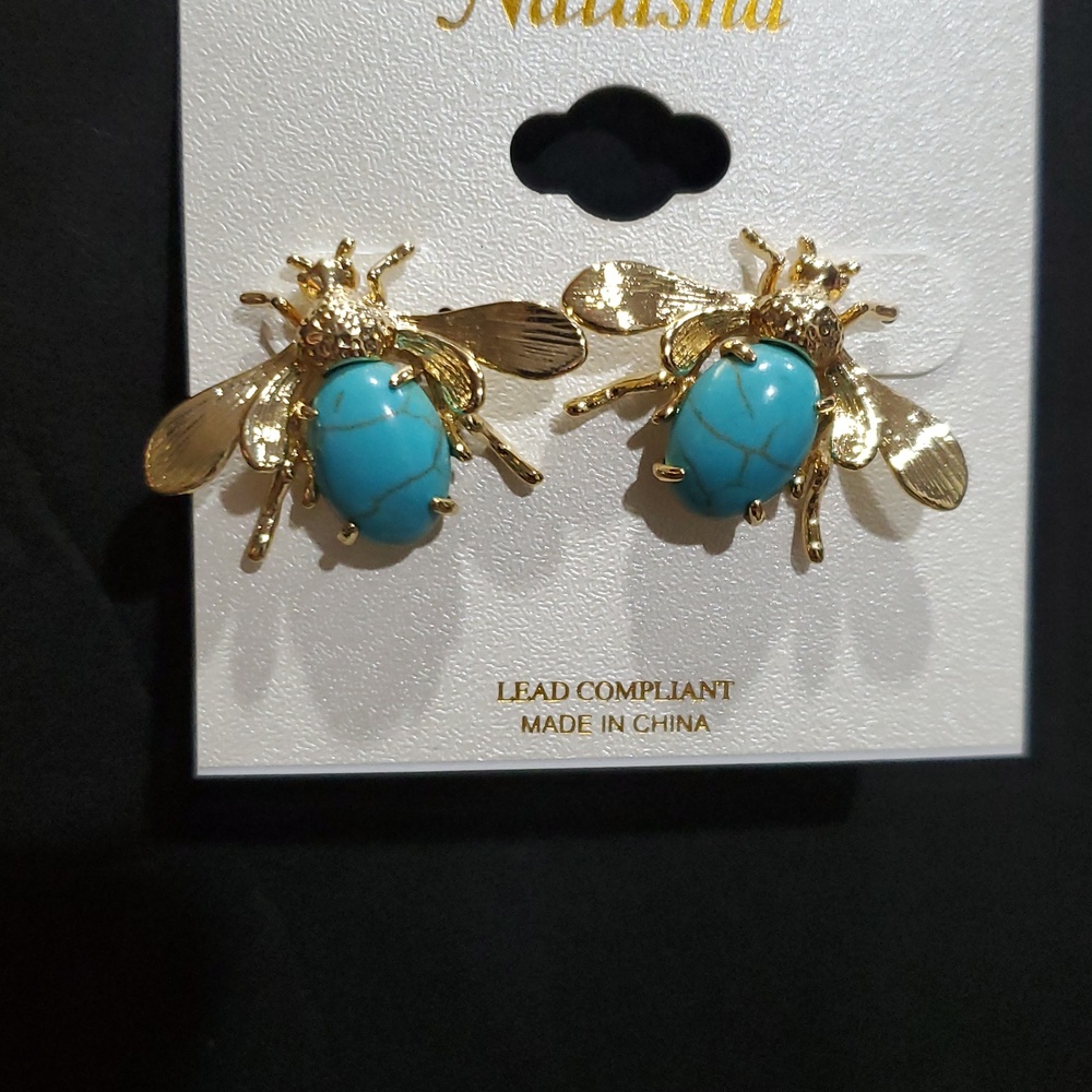 Natasha couture gold tone oval blue cabochon turquoise style stone bee earrings